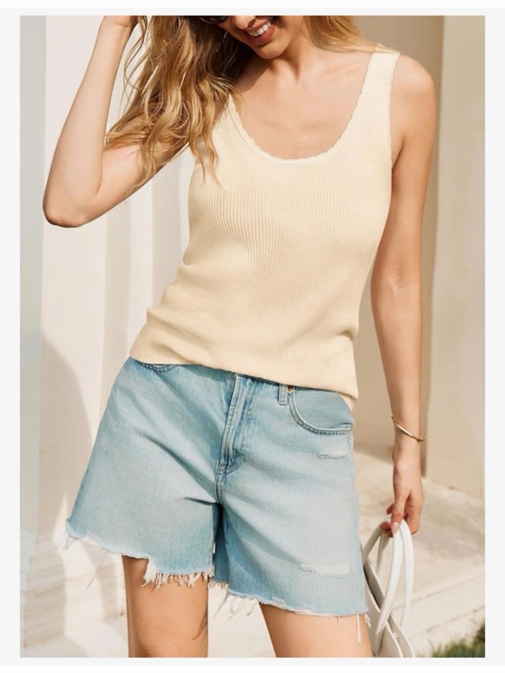 Women's Cream Ribbed Scallop Tank Top - Picture 2 of 4